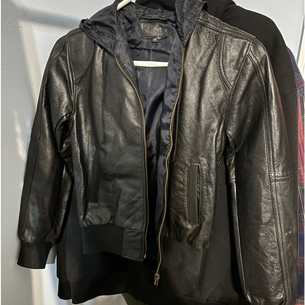 VINTAGE Leather hooded zipper jacket XS